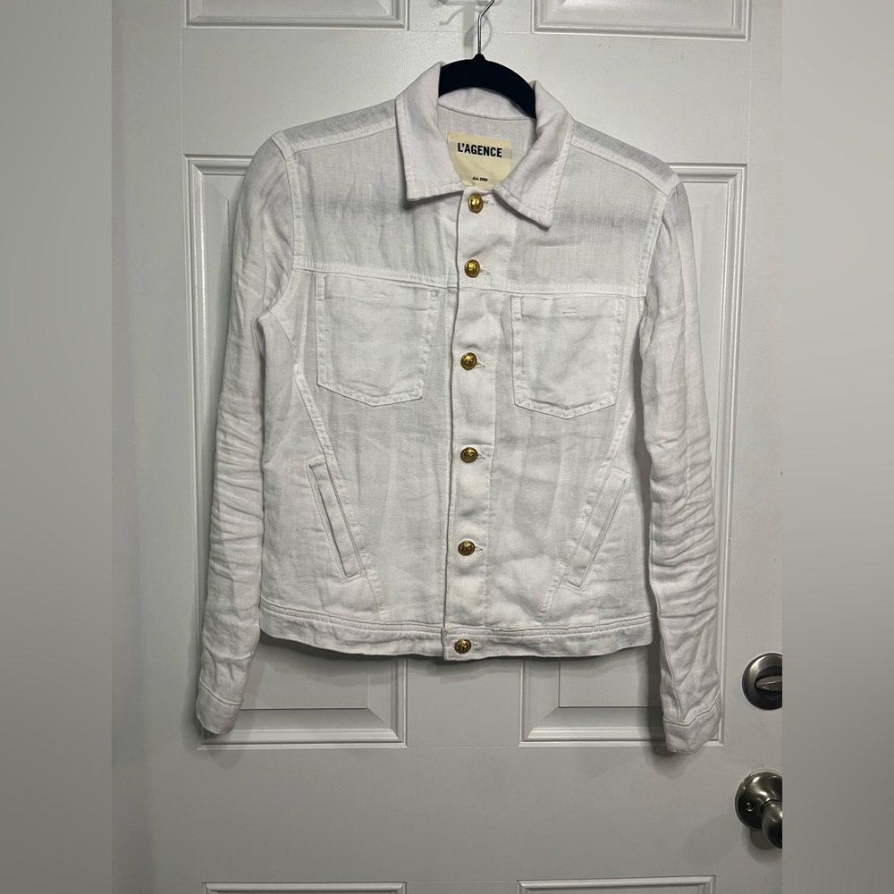 L'AGENCE Point Collar Celine Slim Femme 100% Linen Jacket - Gold Buttons XS - Picture 3 of 9